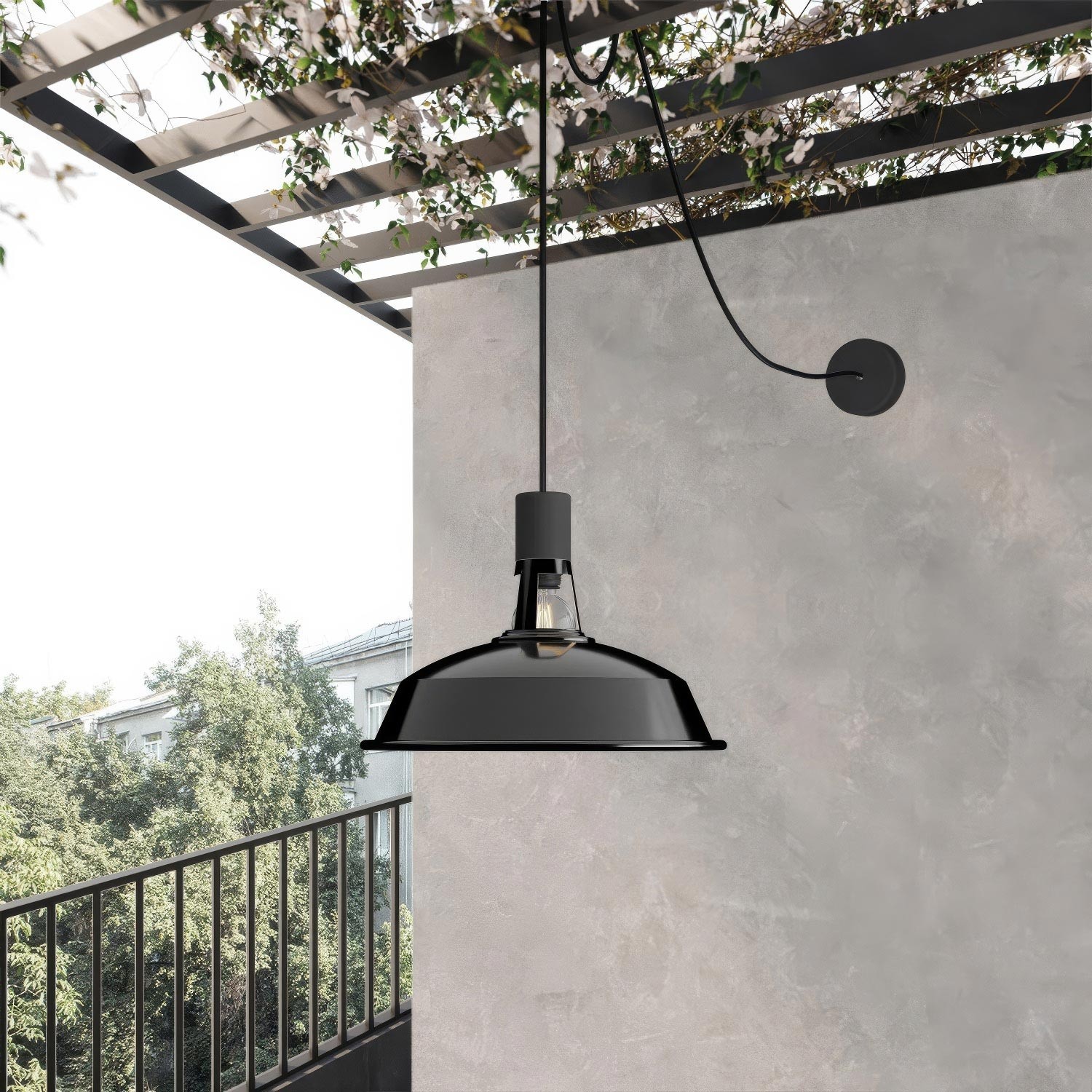 EIVA Outdoor pendant lamp with lampshade, 16,4ft textile cable, decentralizer, ceiling canopy and socket for wet locations