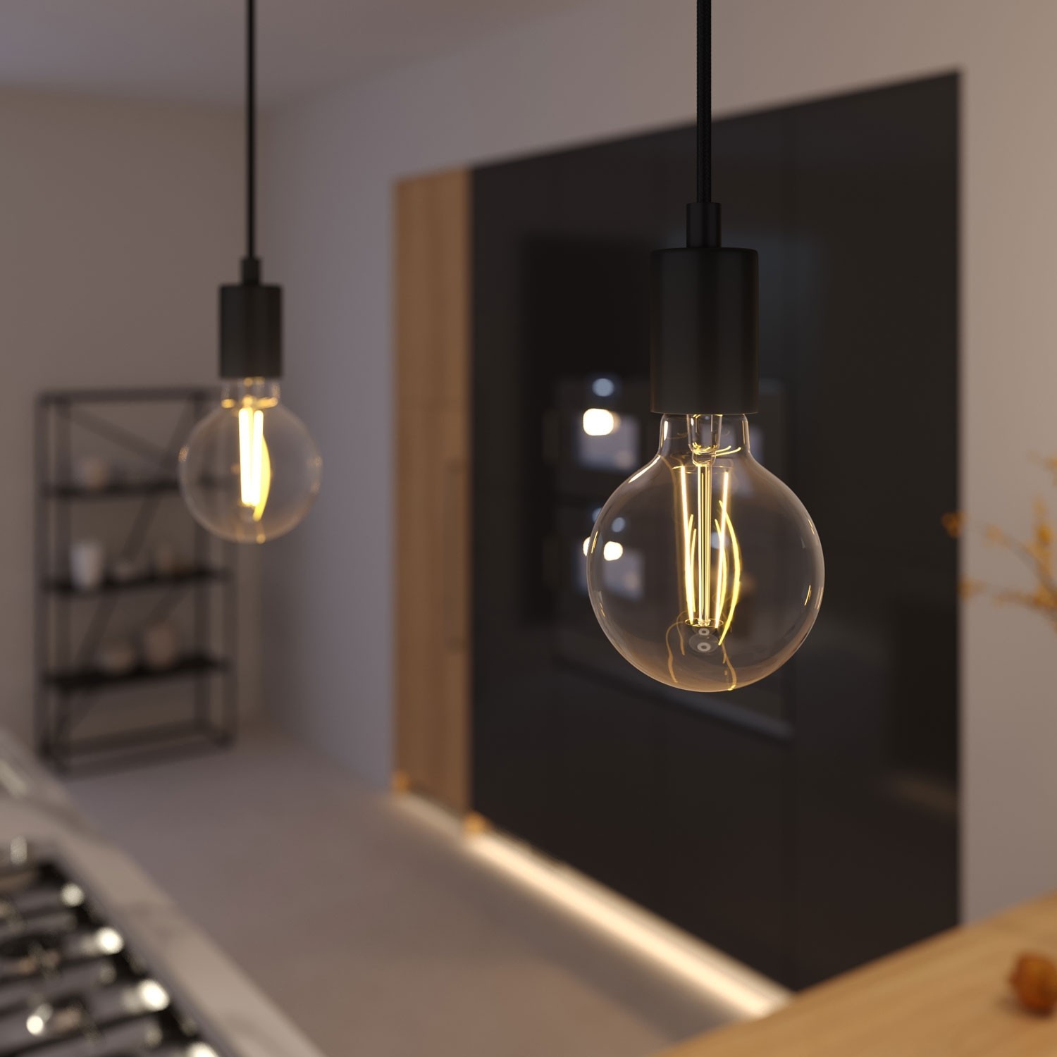 Pendant lamp with textile cable and monochrome metal details