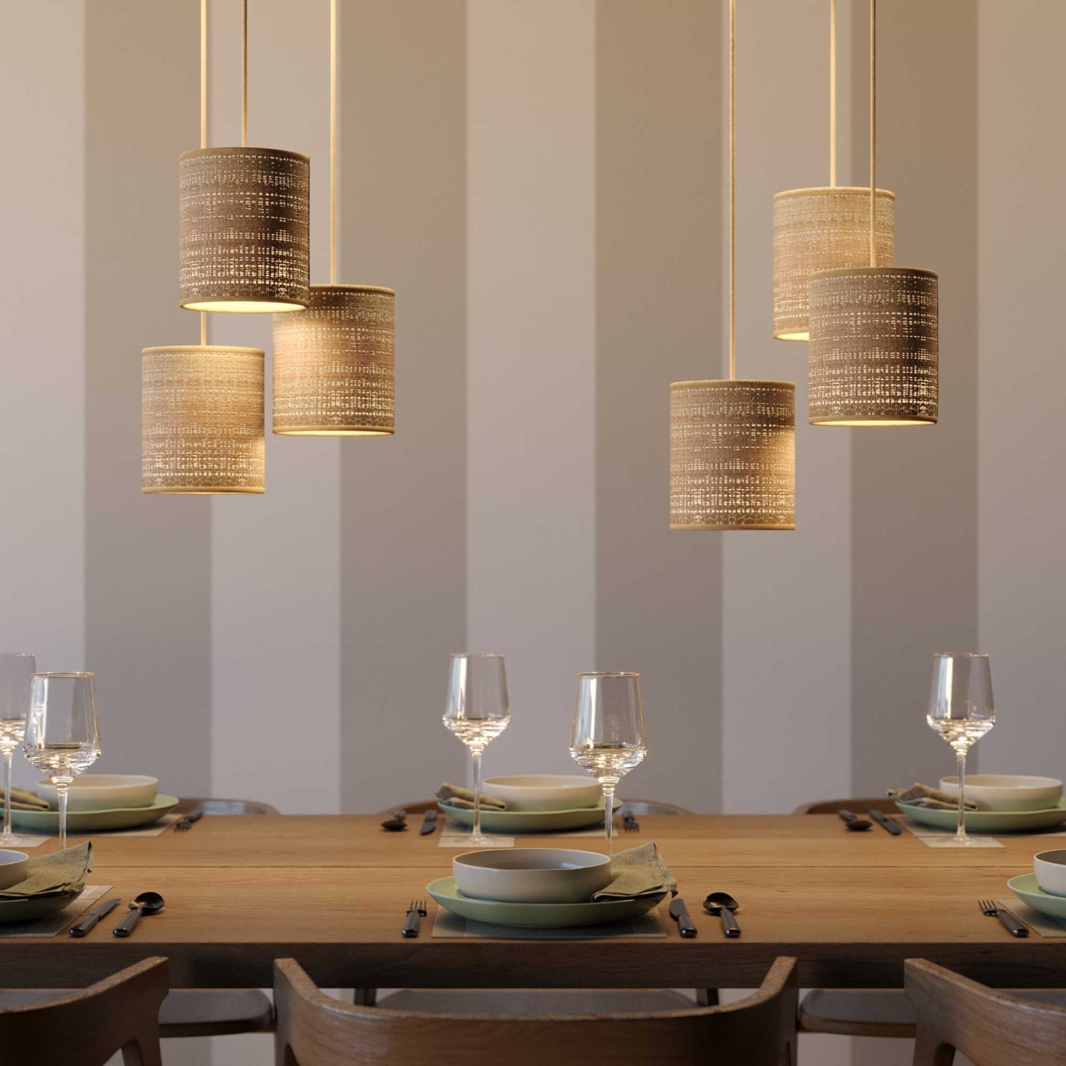 Pendant lamp with textile cable, raffia Cylinder lampshade and metal details