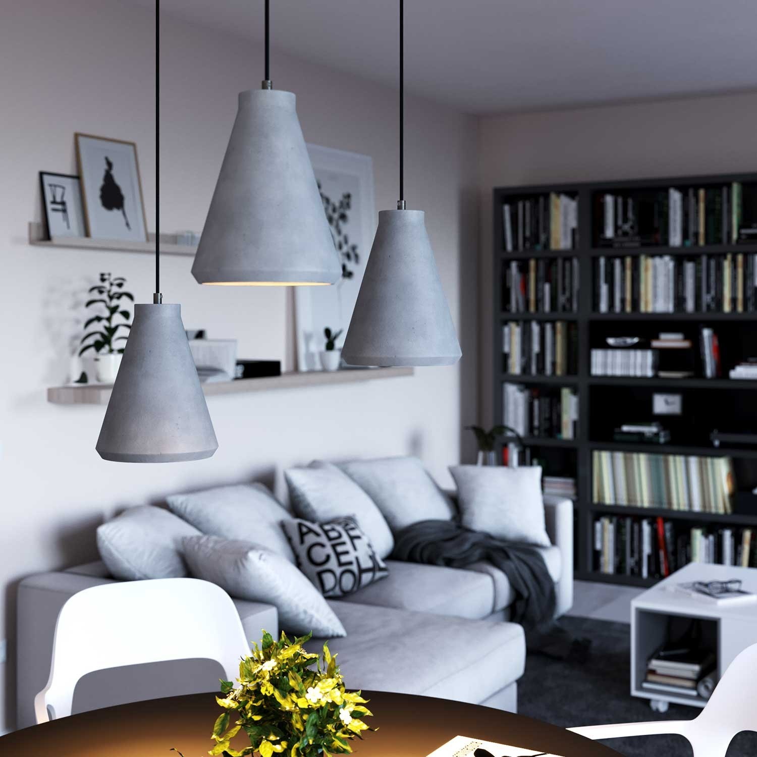 Pendant lamp with textile cable, Funnel cement lampshade and metal details