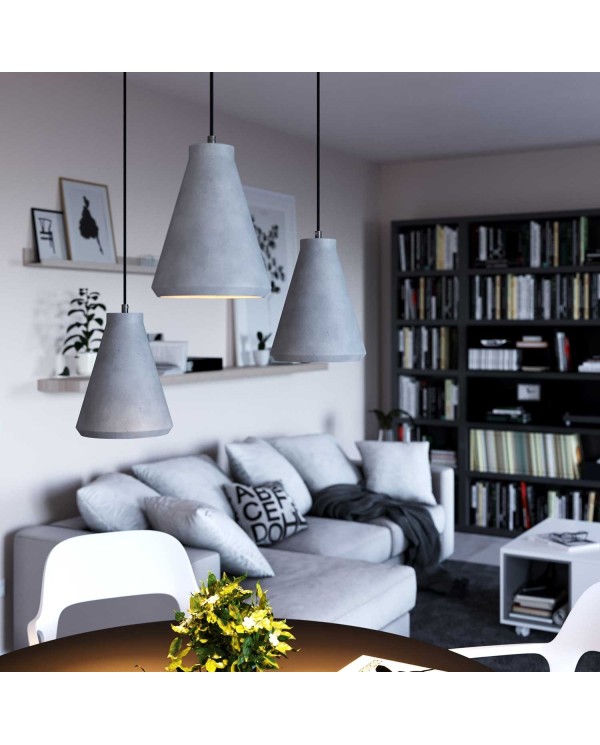 Pendant lamp with textile cable, Funnel cement lampshade and metal details