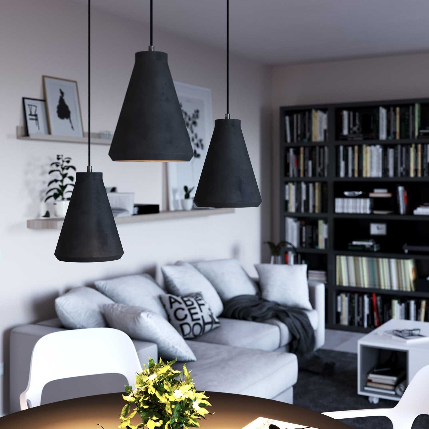 Pendant lamp with textile cable, Funnel cement lampshade and metal details