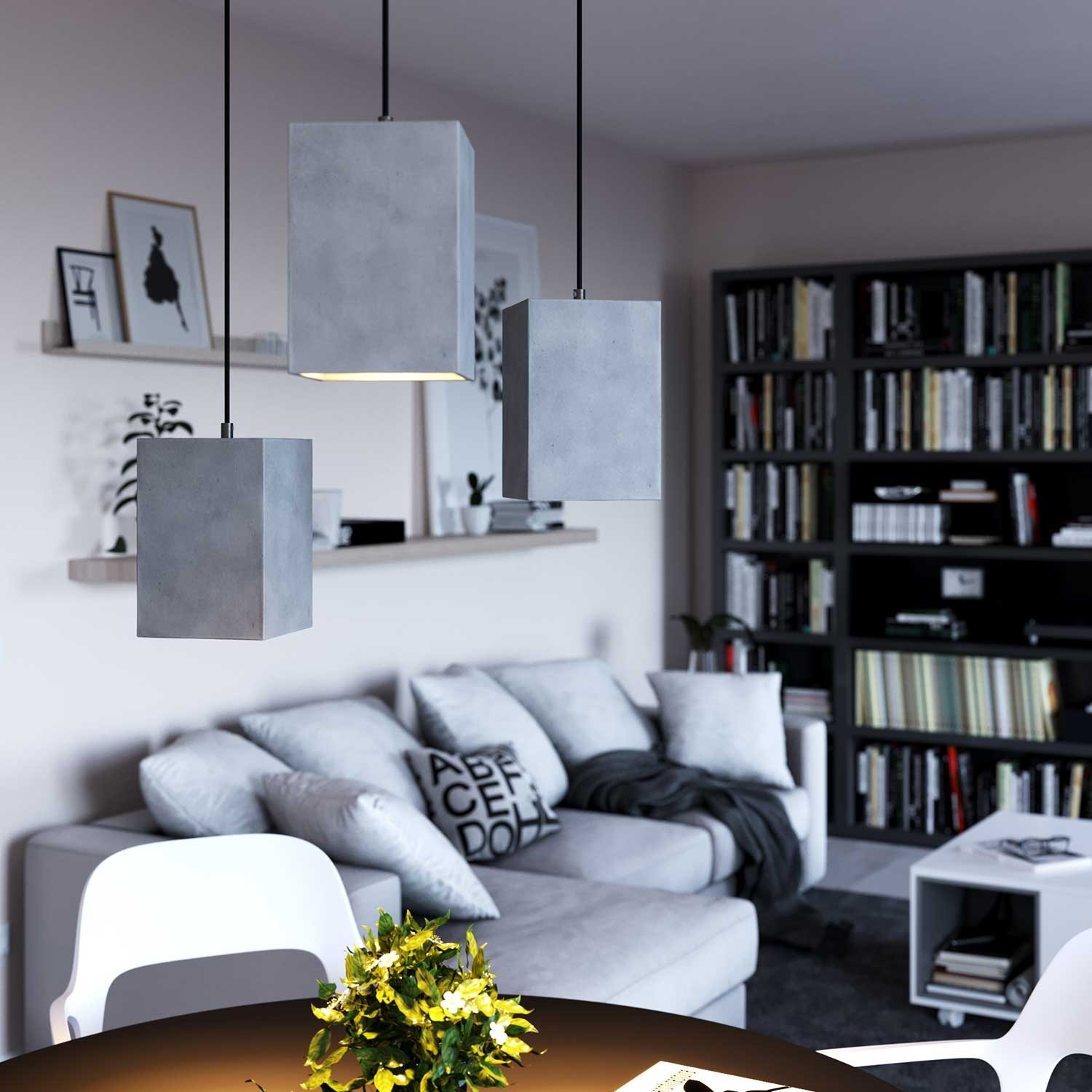 Pendant lamp with textile cable, Cube cement lampshade and metal finishes