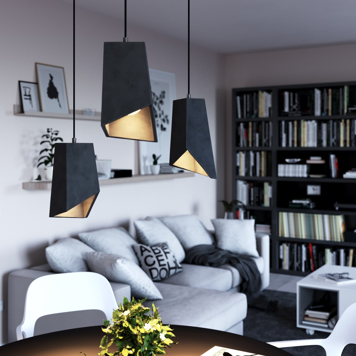 Pendant lamp with textile cable, Prisma cement lampshade and metal finishes