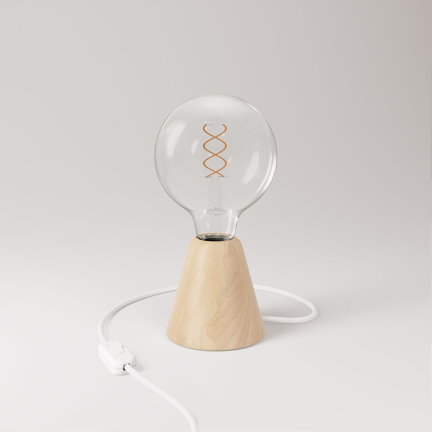 Table lamp with alder base and transparent light bulb