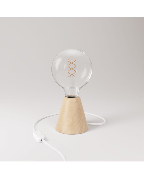 Table lamp with alder base and transparent light bulb