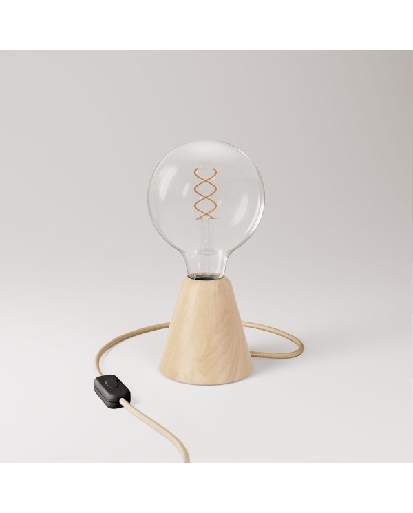 Table lamp with alder base and transparent light bulb