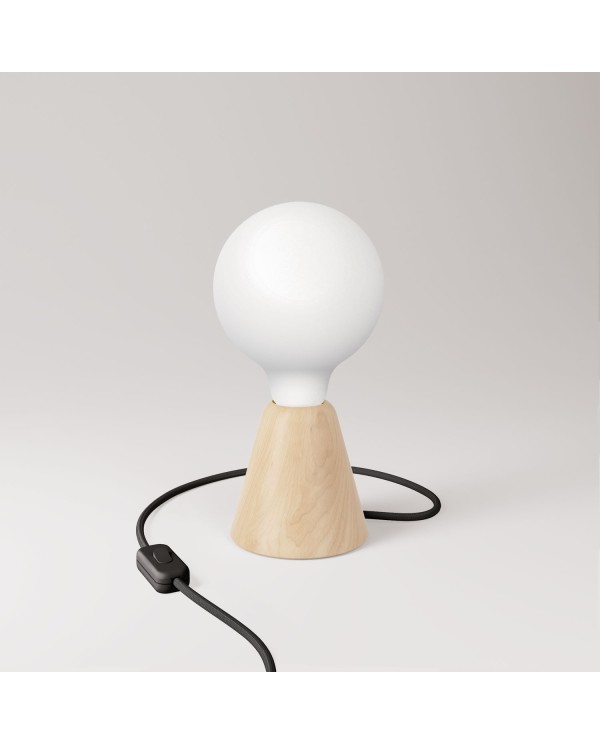 Table lamp with base in alder wood and matte white light bulb