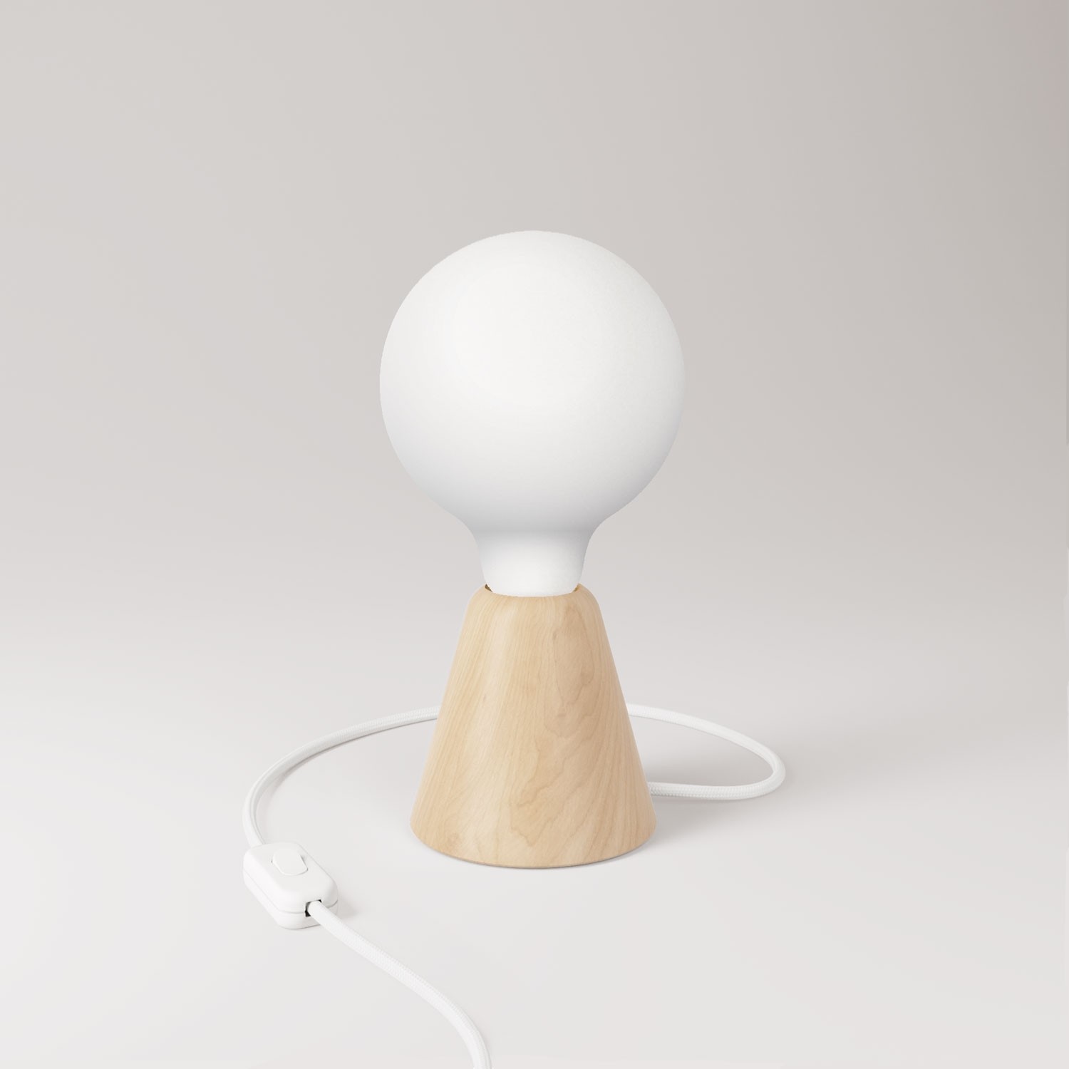 Table lamp with base in alder wood and matte white light bulb