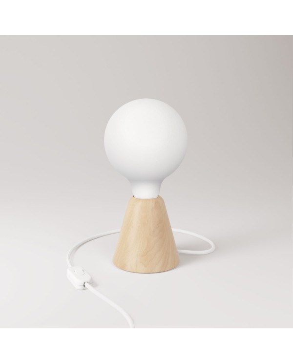 Table lamp with base in alder wood and matte white light bulb