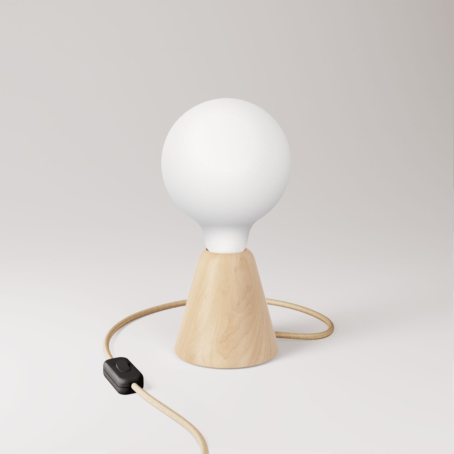 Table lamp with base in alder wood and matte white light bulb