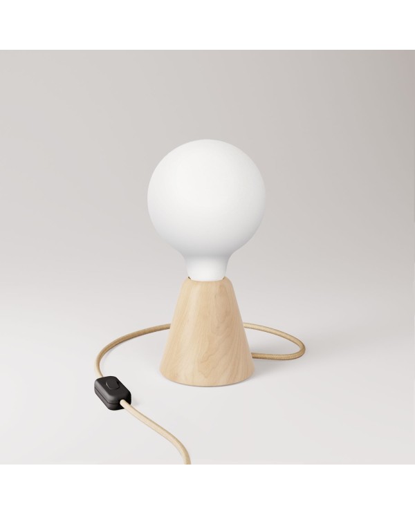 Table lamp with base in alder wood and matte white light bulb