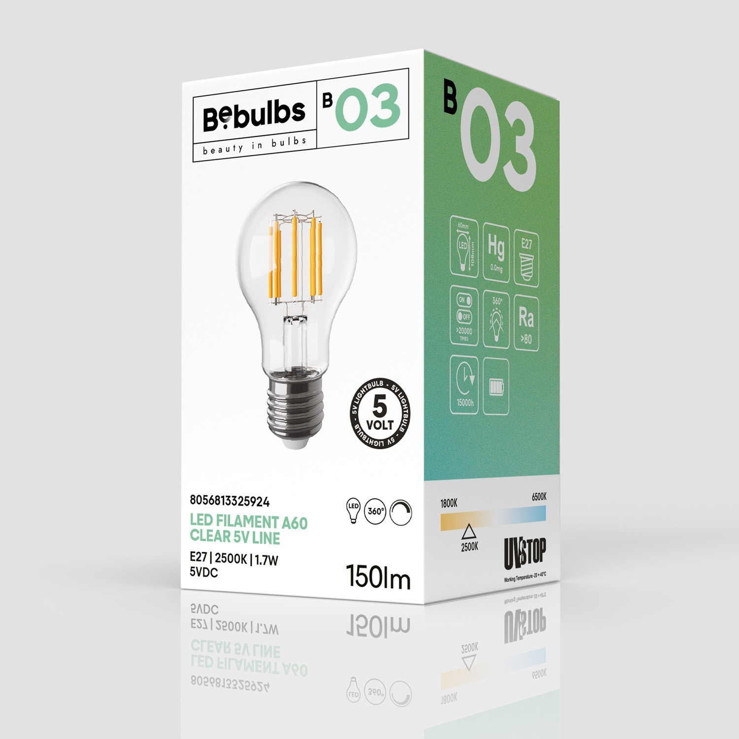 LED Light bulb Clear B03 5V Collection Vertical filament Drop A19 (A60) 1,7W E27 Dimmable 2500K