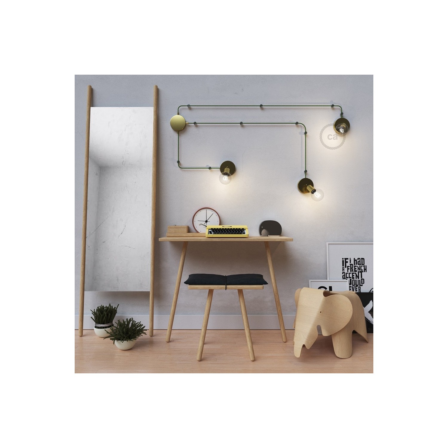 Spostaluce Metallo 90°, the brass adjustable light source with fabric cable and side holes