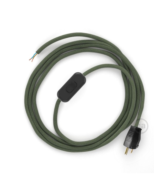 Power Cord with in-line switch, RC63 Gray Green Cotton - Choose color of switch/plug