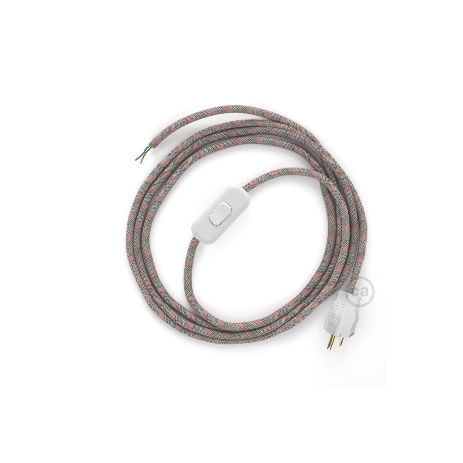 Power Cord with in-line switch, RD51 Natural & Pink Linen Stripe - Choose color of switch/plug