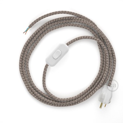 Power Cord with in-line switch, RD63 Natural & Brown Linen CrissCross - Choose color of switch/plug