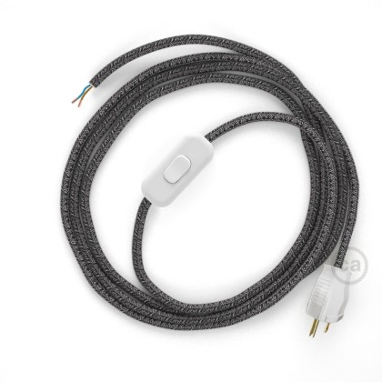 Power Cord with in-line switch, RS81 Black Glitter Cotton & Natural Linen Tweed - Choose color of switch/plug