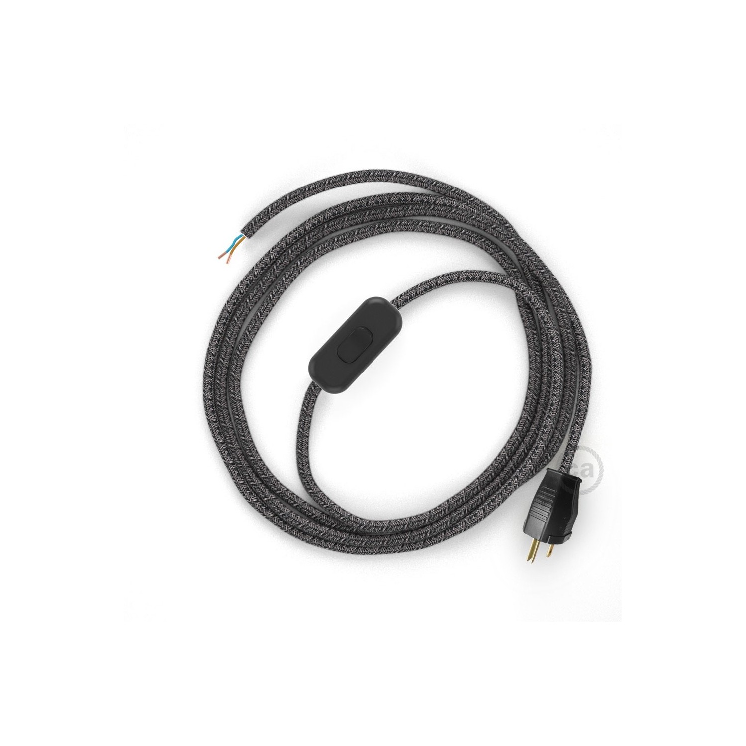 Power Cord with in-line switch, RS81 Black Glitter Cotton & Natural Linen Tweed - Choose color of switch/plug