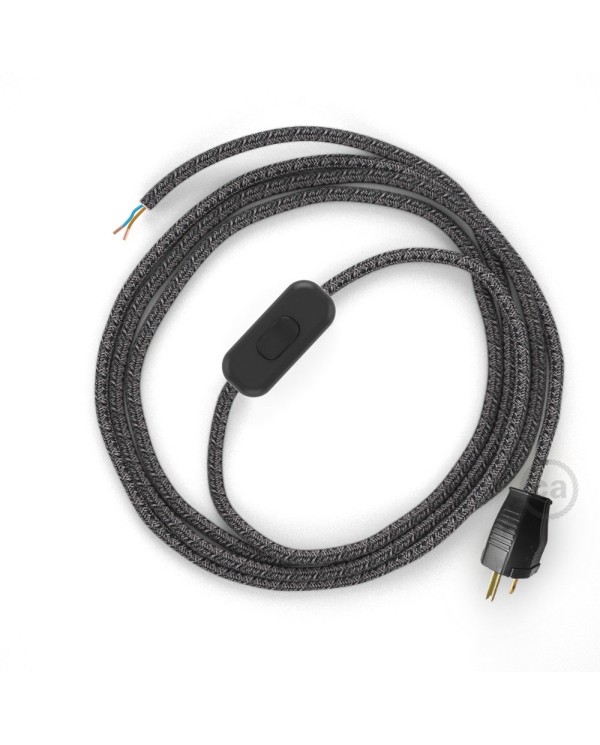 Power Cord with in-line switch, RS81 Black Glitter Cotton & Natural Linen Tweed - Choose color of switch/plug