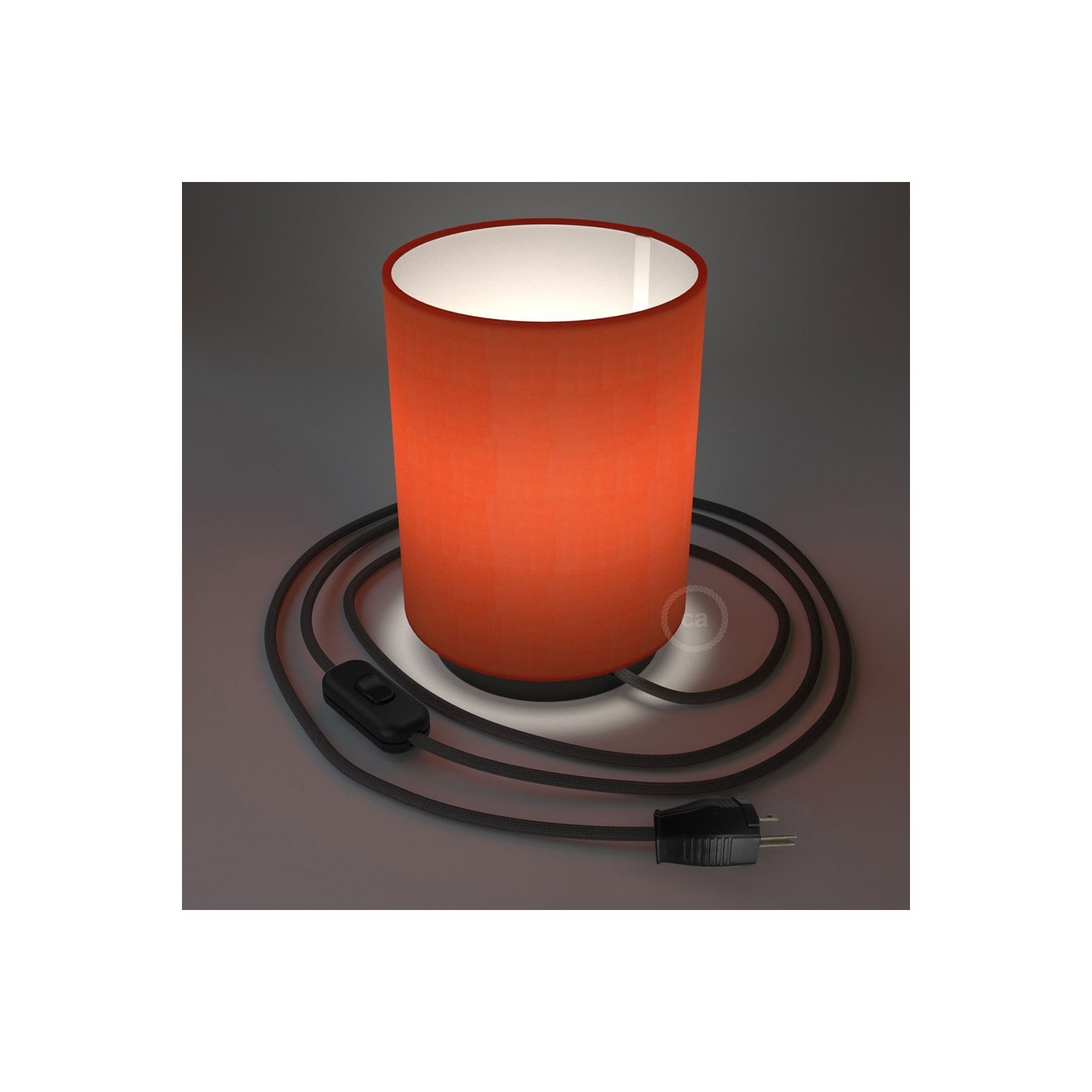 Posaluce with Lobster Cinette Cylinder lampshade, black metal, with textile cable, switch and plug