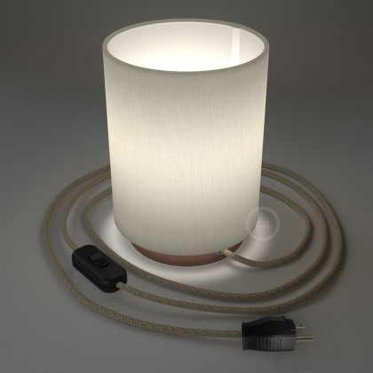 Posaluce with White Raw Cotton Cylinder lampshade, coppered metal, with textile cable, switch and plug