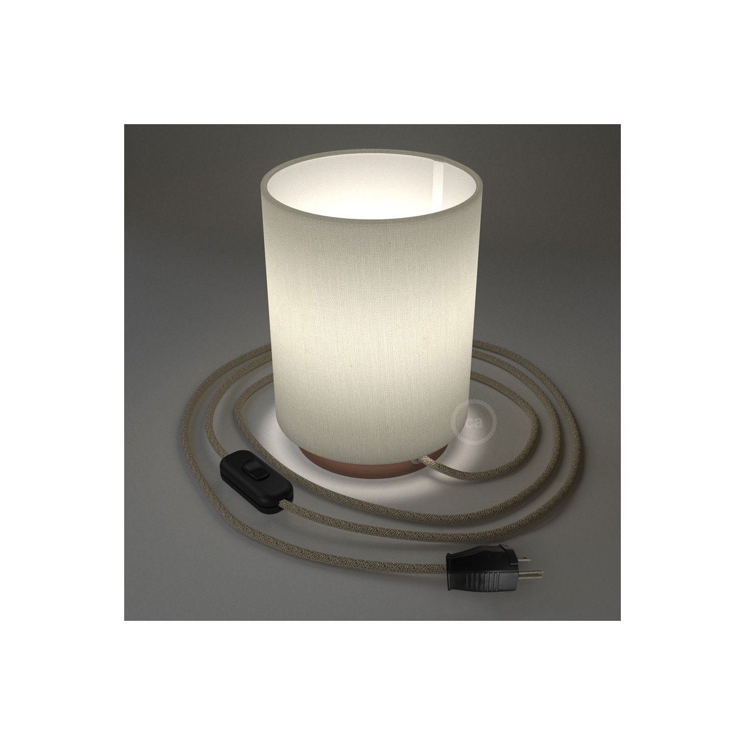 Posaluce with White Raw Cotton Cylinder lampshade, coppered metal, with textile cable, switch and plug