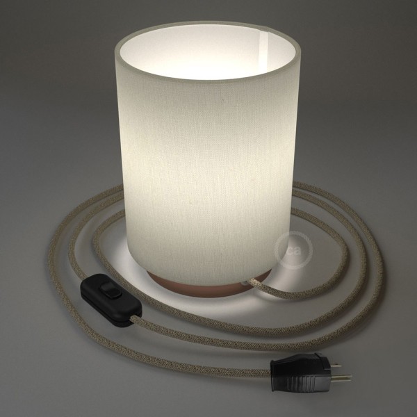 Posaluce with White Raw Cotton Cylinder lampshade, coppered metal, with textile cable, switch and plug