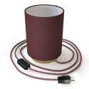 Posaluce with Burgundy Canvas Cylinder lampshade, brass metal, with textile cable, switch and plug