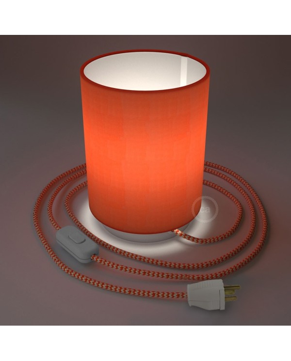 Posaluce with Lobster Cinette Cylinder lampshade, white metal, with textile cable, switch and plug