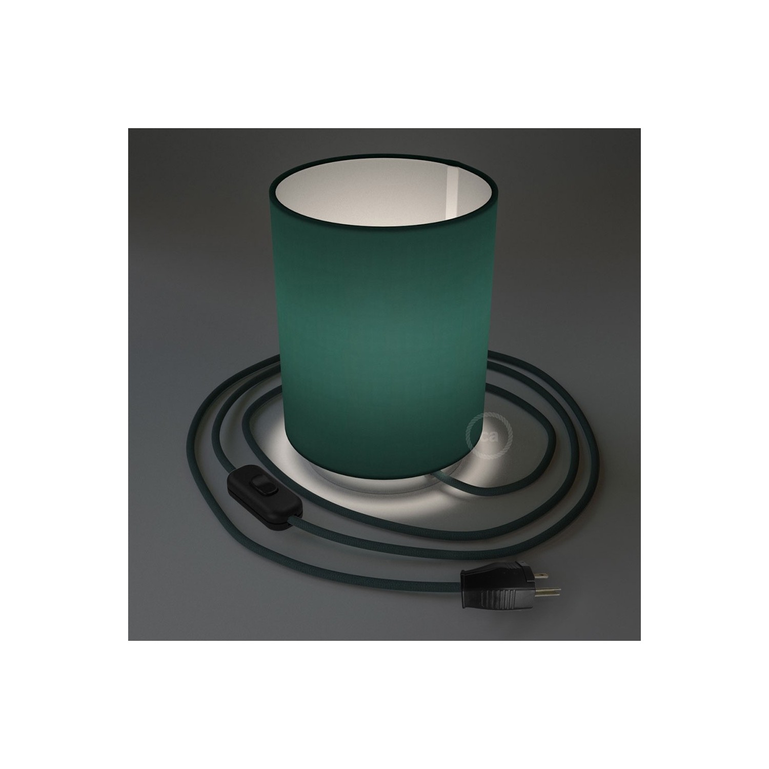 Posaluce with Petrol Blue Cinette Cylinder lampshade, chrome metal, with textile cable, switch and plug