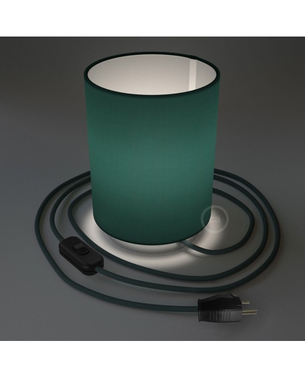 Posaluce with Petrol Blue Cinette Cylinder lampshade, chrome metal, with textile cable, switch and plug