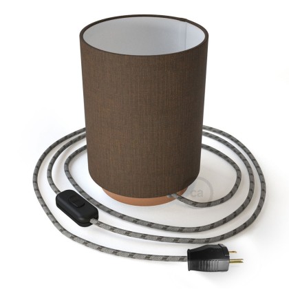 Posaluce with Brown Camelot Cylinder lampshade, coppered metal, with textile cable, switch and plug