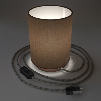 Posaluce with Brown Camelot Cylinder lampshade, coppered metal, with textile cable, switch and plug