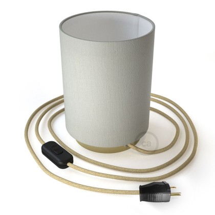 Posaluce with White Raw Cotton Cylinder lampshade, brass metal, with textile cable, switch and plug