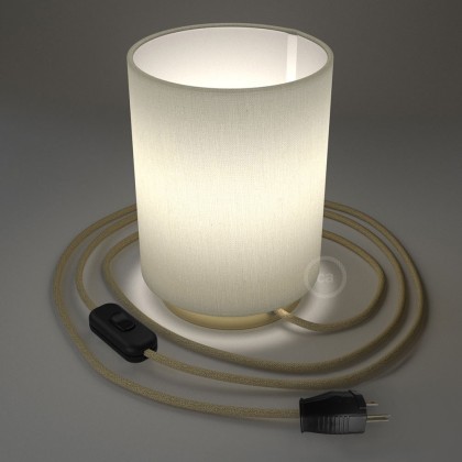 Posaluce with White Raw Cotton Cylinder lampshade, brass metal, with textile cable, switch and plug