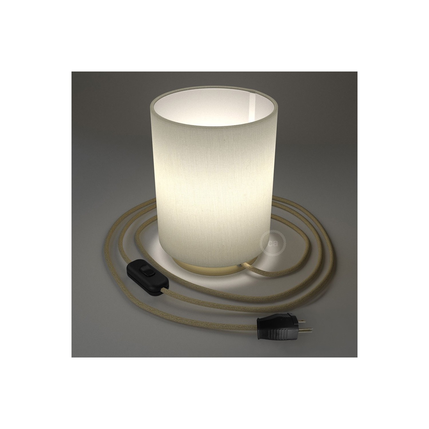 Posaluce with White Raw Cotton Cylinder lampshade, brass metal, with textile cable, switch and plug