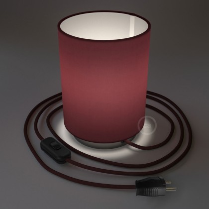 Posaluce with Burgundy Canvas Cylinder lampshade, black pearl metal, with textile cable, switch and plug