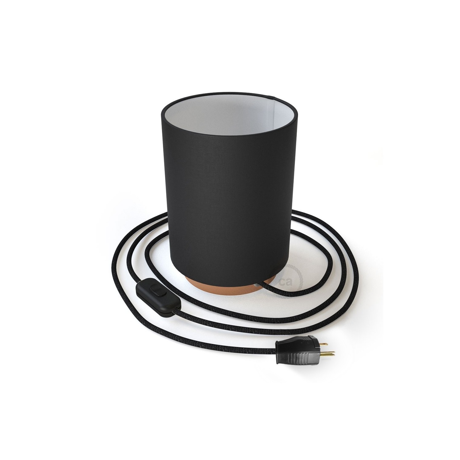 Posaluce with Black Canvas Cylinder lampshade, coppered metal, with textile cable, switch and plug