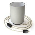 Posaluce with White Raw Cotton Cylinder lampshade, black pearl metal, with textile cable, switch and plug