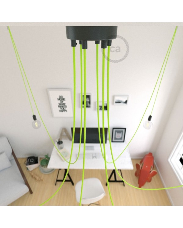 Spider, multiple suspension with 6 pendants, black metal, RF10 Neon Yellow cable