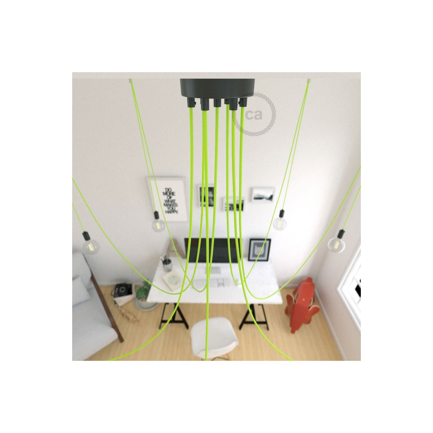 Spider, multiple suspension with 7 pendants, black metal, RF10 Neon Yellow cable