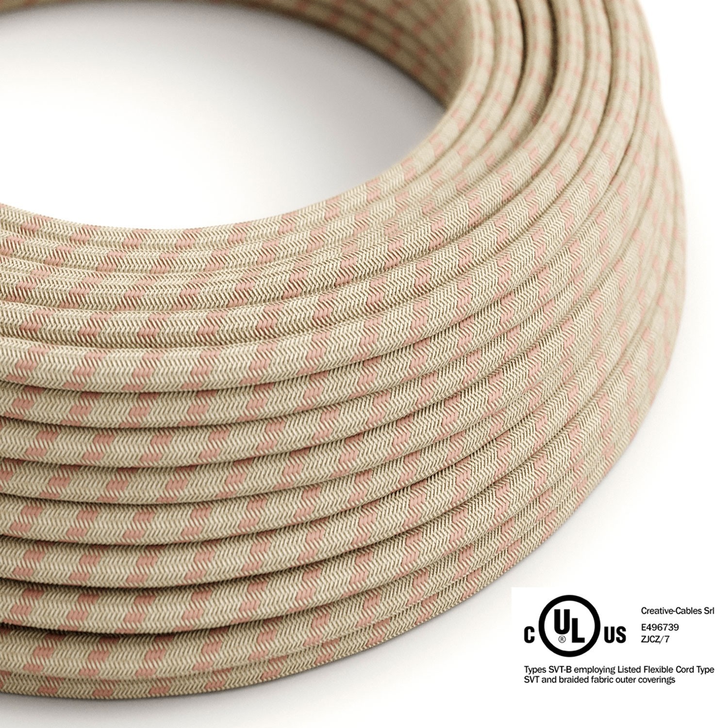 Natural & Pink Linen Stripe covered Round electric cable - RD51