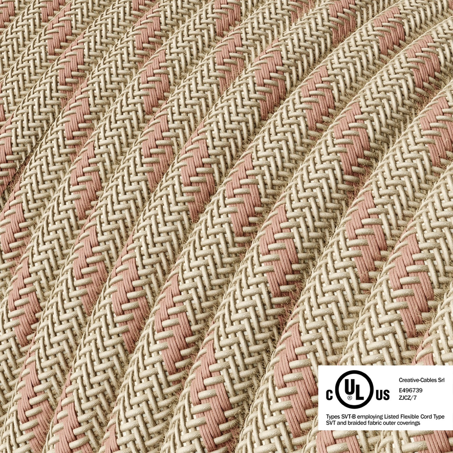 Natural & Pink Linen Stripe covered Round electric cable - RD51