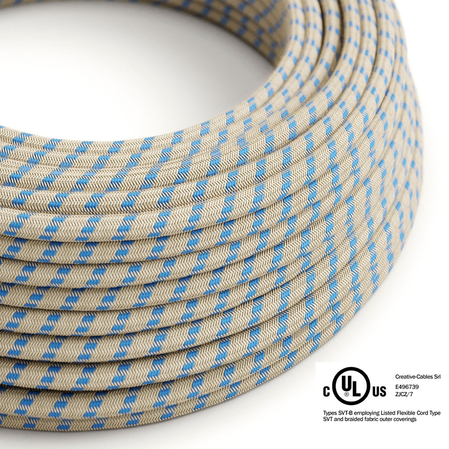 Natural & Blue Linen Stripe covered Round electric cable - RD55