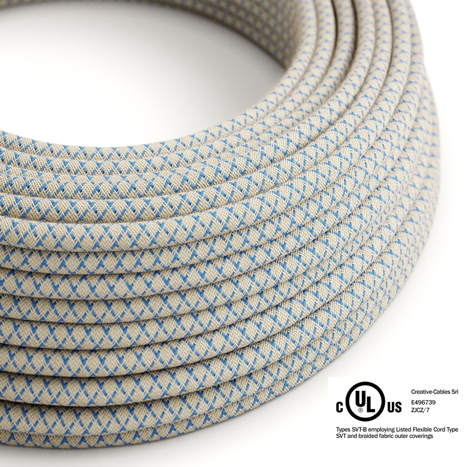 Natural & Blue Linen Criss Cross covered Round electric cable - RD65