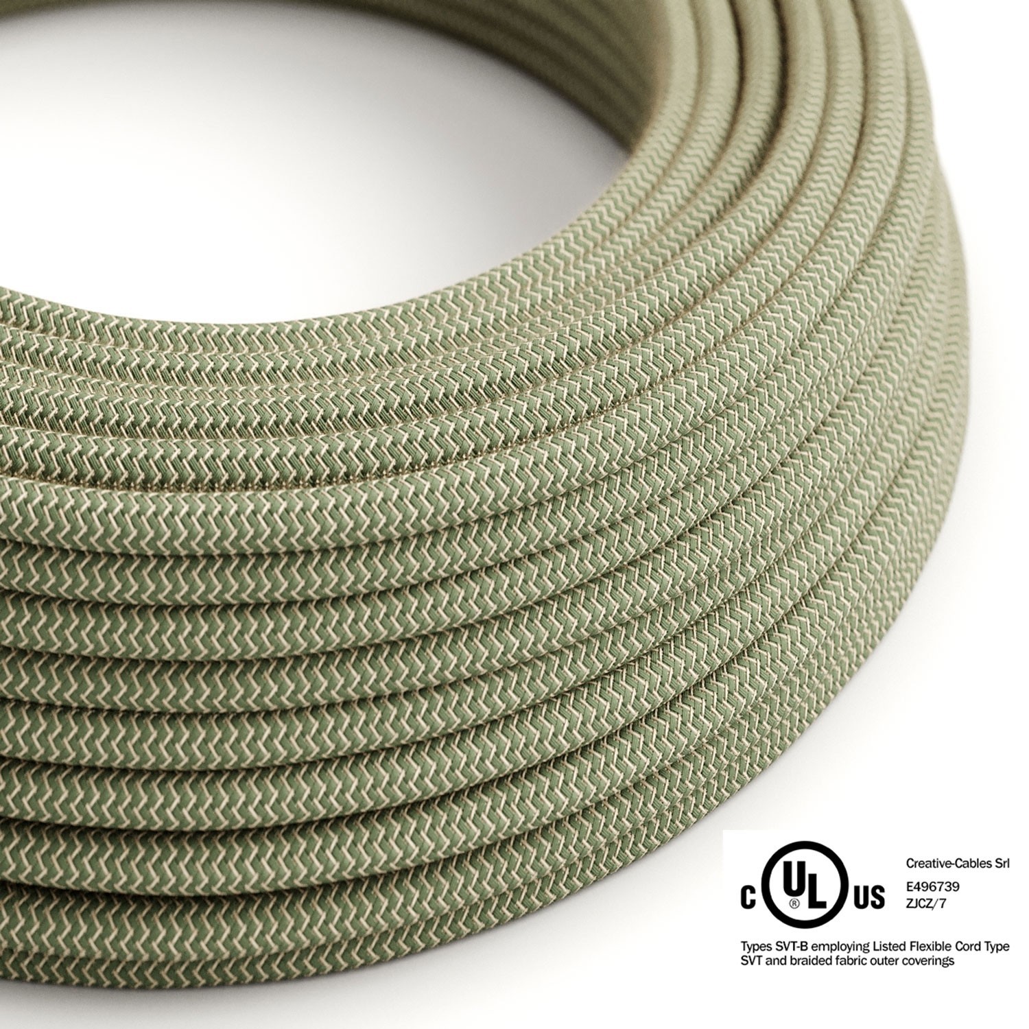 Natural & Thyme Green Linen Chevron covered Round electric cable - RD72