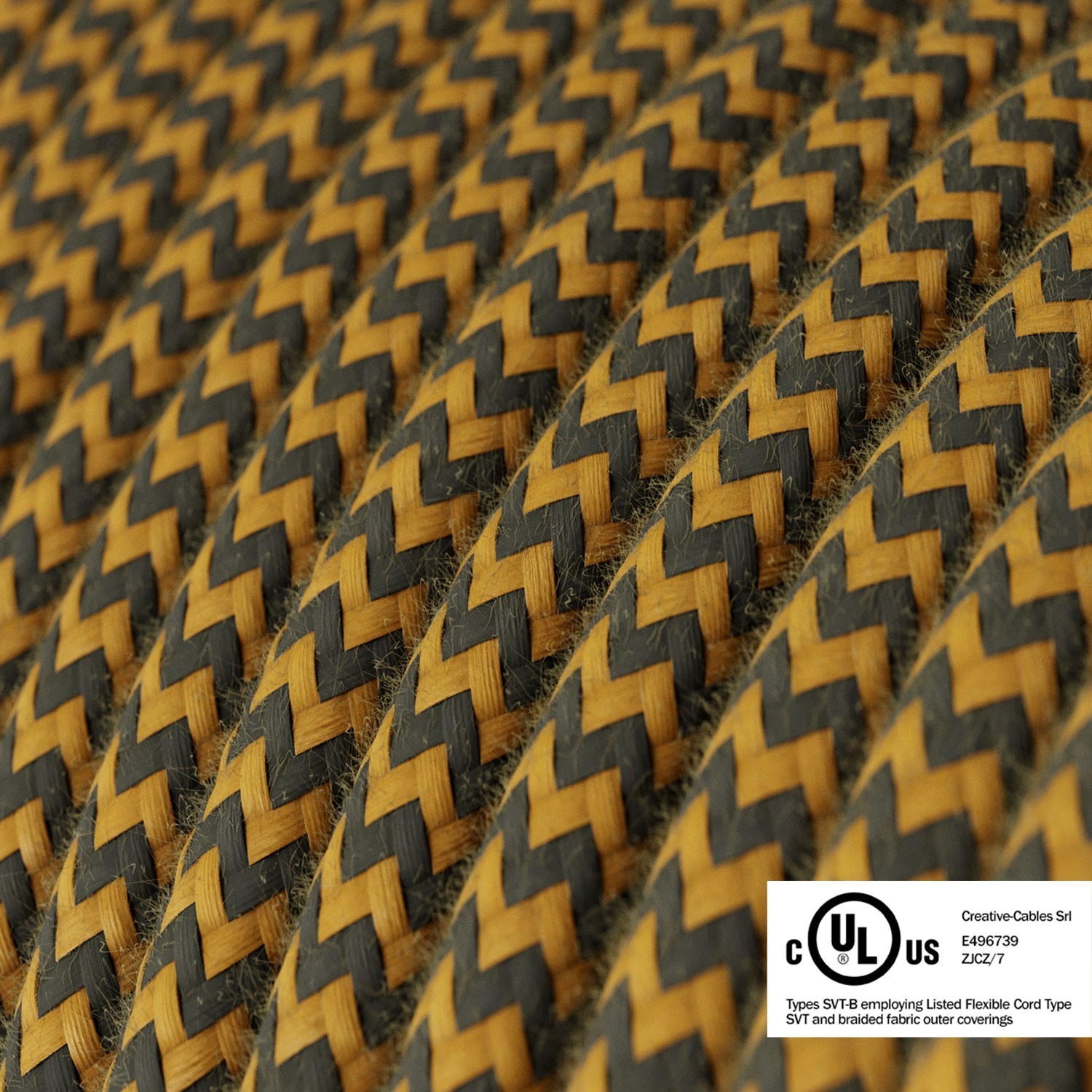 Mustard & Charcoal Cotton Chevron covered Round electric cable - RZ27