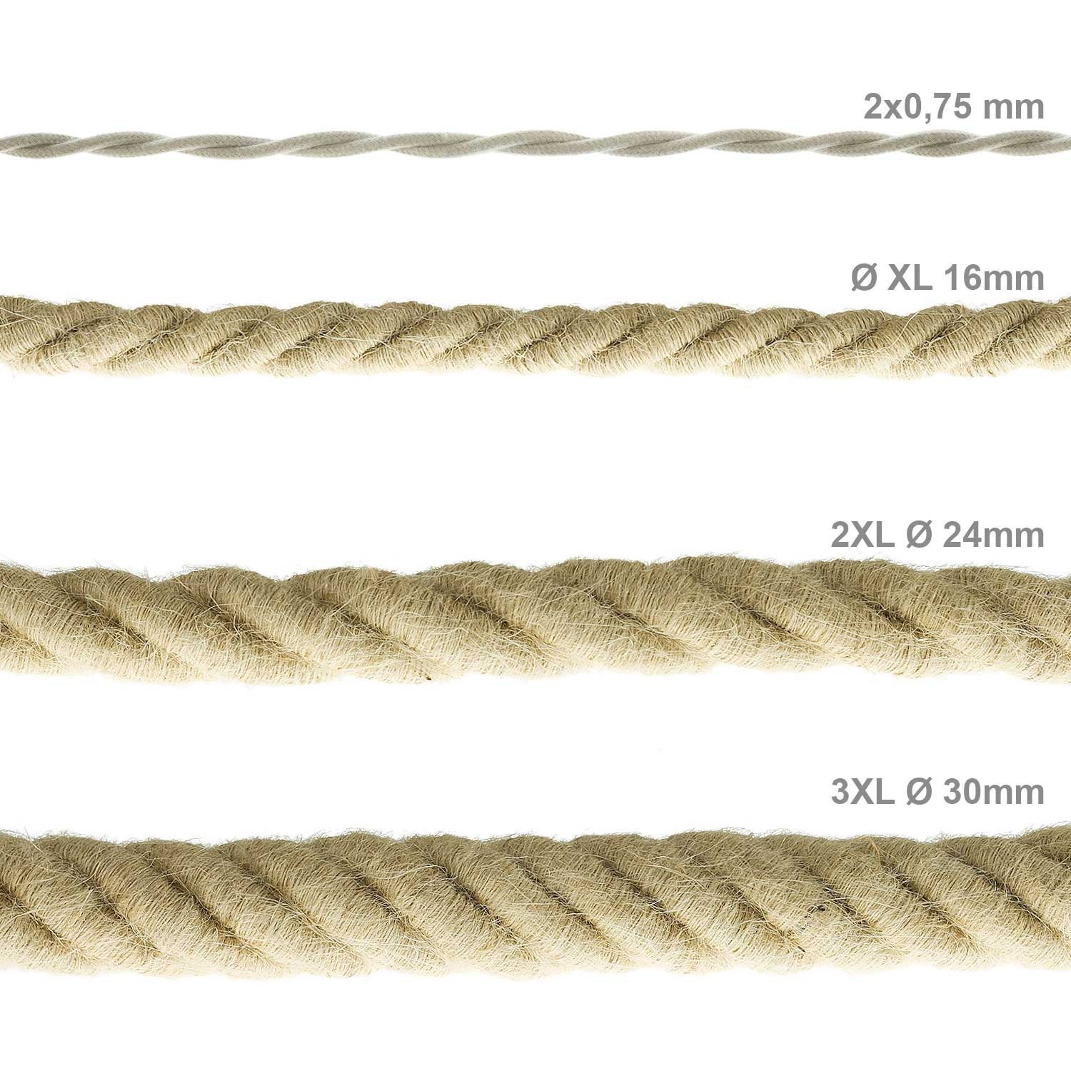 XL Rope electrical wire 18/3 AWG wire inside. Rough Jute Fabric covering. 16mm.