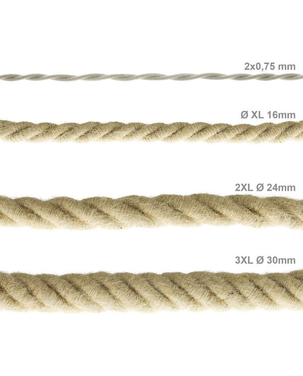 XL Rope electrical wire 18/3 AWG wire inside. Rough Jute Fabric covering. 16mm.